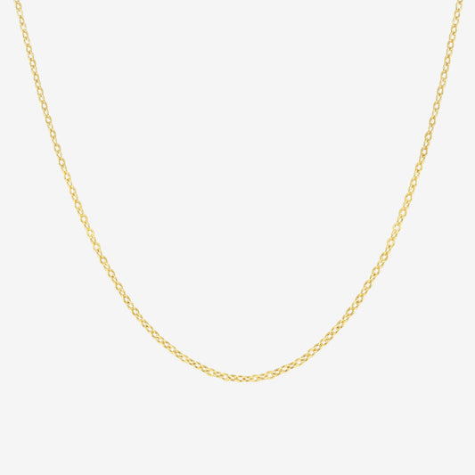 Studio shot of a 18k yellow gold chain necklace with fine cable links, displayed against a light grey background