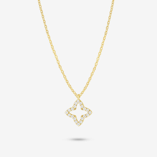 Studio shot of the Gold Eden Necklace showcasing an openwork flower-shaped pendant set with moissanites on a yellow gold chain, presented on a neutral grey background