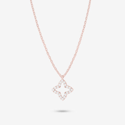 Studio shot of the Rose Gold Eden Necklace featuring a four-petal floral pendant adorned with moissanites on a delicate rose gold chain against a light grey background