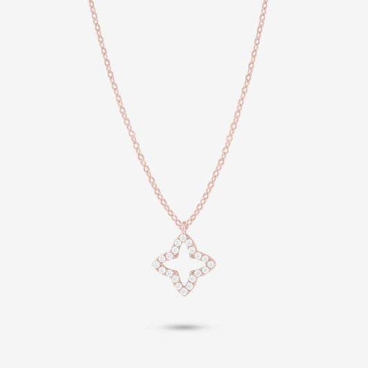 Studio shot of the Rose Gold Eden Necklace featuring a four-petal floral pendant adorned with moissanites on a delicate rose gold chain against a light grey background