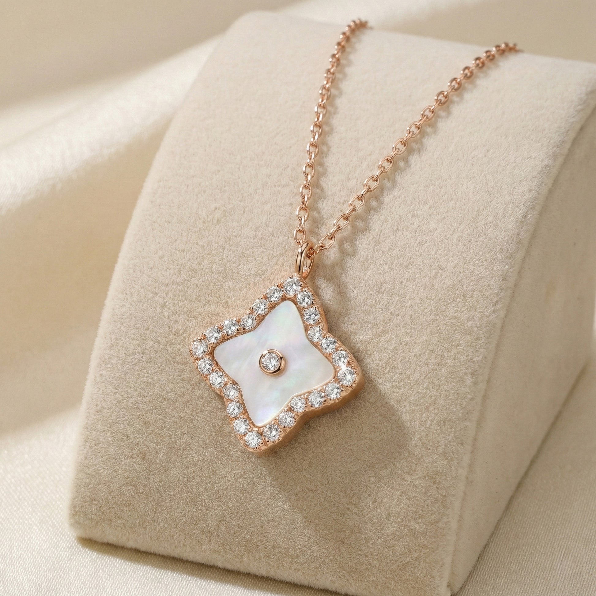 Rose gold mother of pearl halo necklace with sparkling stones on a delicate chain.