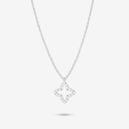 Studio shot of the Silver Eden Necklace with a moissanite-trimmed floral pendant on a delicate silver chain against a soft grey background