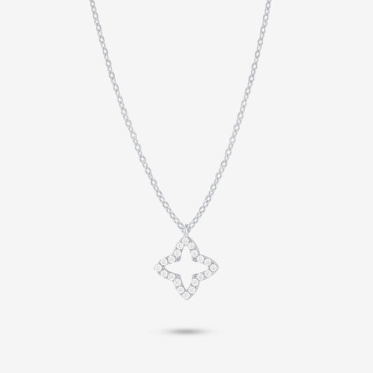 Studio shot of the Silver Eden Necklace with a moissanite-trimmed floral pendant on a delicate silver chain against a soft grey background