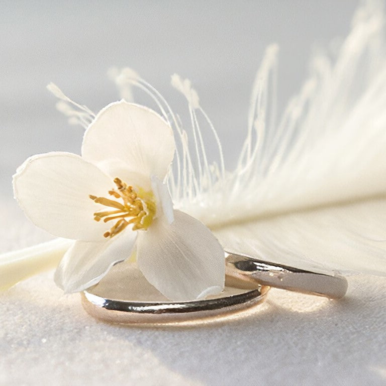 Lightweight silver rings rest beside a white flower and feather, evoking the softness and purity of our hypoallergenic jewellery for everyday wear or gifting.