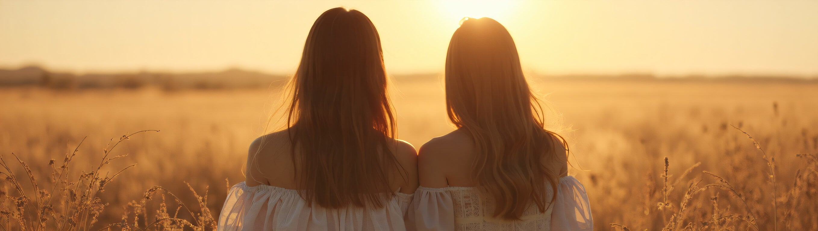 Two women overlooking a golden field at sunset, representing the philosophy and mission behind the Pure Moments jewellery brand.